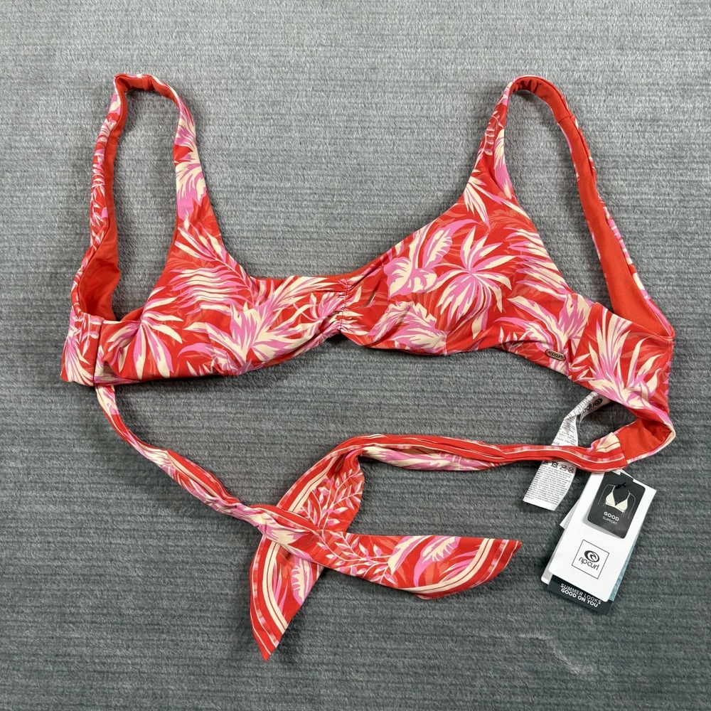 Rip Curl Bikini Top Women M Red Orange Sun Rays Crop Tie Back Good Support NEW